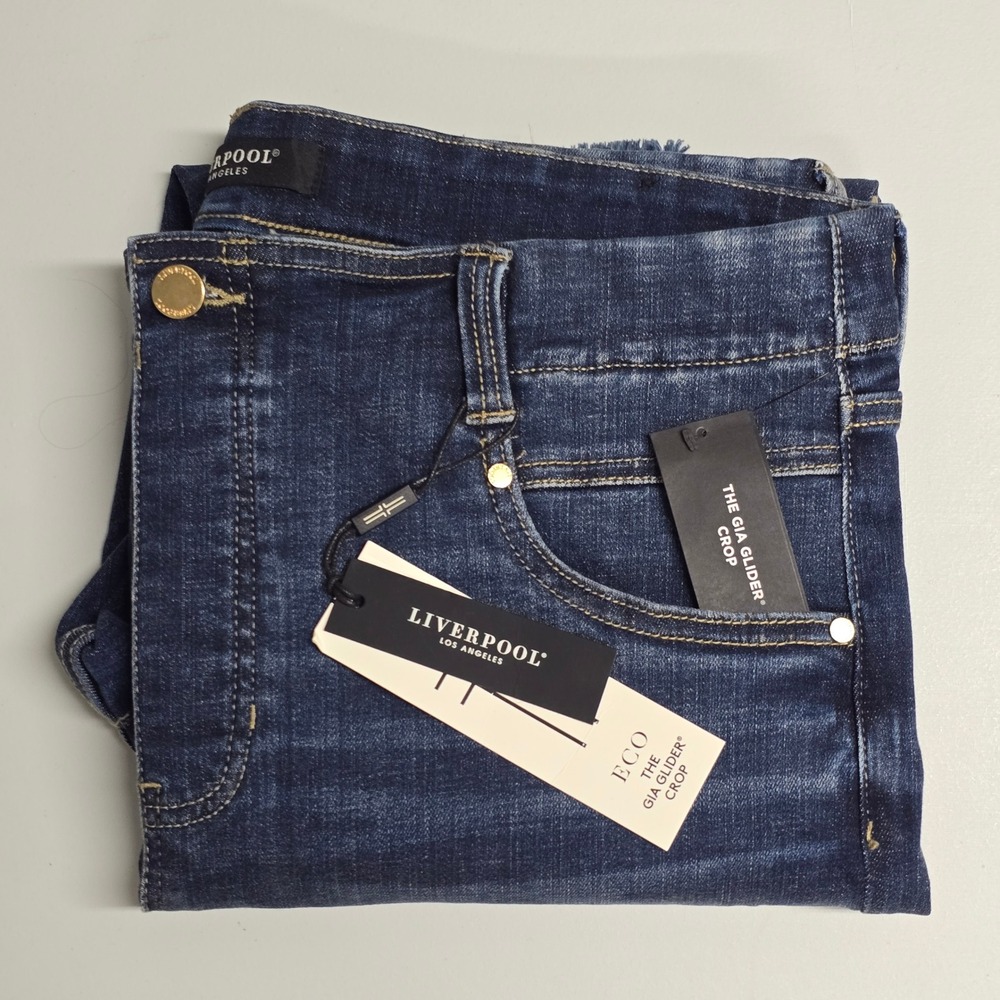Liverpool Gia Glider Crop Jeans Womens 14/32 Blue Distressed Frayed Hem